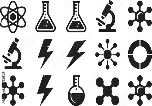 Black and white science including atoms molecules microscopes and beakers desig