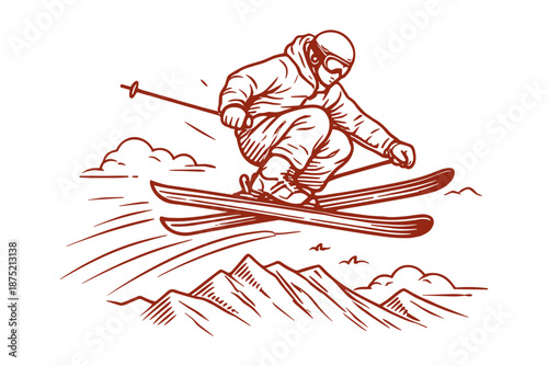 Extreme skier jumping off mountain slope, perfect for winter sports, adventure, and alpine tourism concepts. Vector illustration.