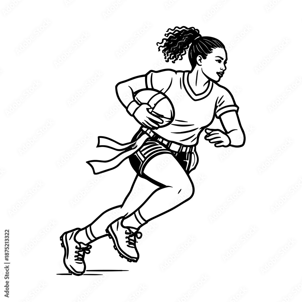 Fototapeta premium African American female athlete playing flag football. Women's sports, fitness and team activity concept. Vector illustration.