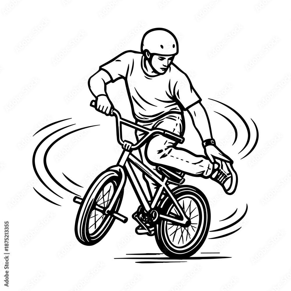 Fototapeta premium Young American male performing BMX bike stunt in motion. Extreme sport, urban lifestyle and youth activity concept. Vector illustration.