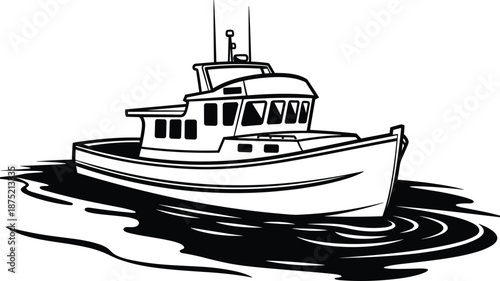 Black and White Vector Illustration of a Commercial Fishing Boat or Trawler Cruising on Calm Ocean Water for Marine Industry and Nautical Design Projects