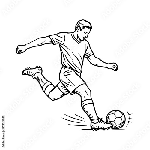 Soccer player kicking ball in dynamic action pose. Sports training, competition and teamwork concept. Vector illustration.