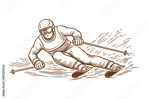 Alpine skier racing downhill in high-speed turn. Winter sports, competition and adrenaline concept. Vector illustration.