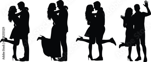Romantic couple silhouettes set, hugging kissing love moments, happy relationship poses, man and woman romance, black vector illustration isolated collection