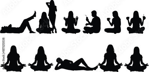 People relaxation silhouettes set, men and women sitting resting poses, casual lifestyle activities, meditation leisure concept, black vector illustration isolated