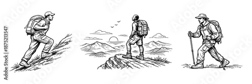 Set of male hikers trekking through nature, climbing trails and enjoying mountain views. Outdoor adventure, exploration and travel lifestyle concept. Vector illustration.