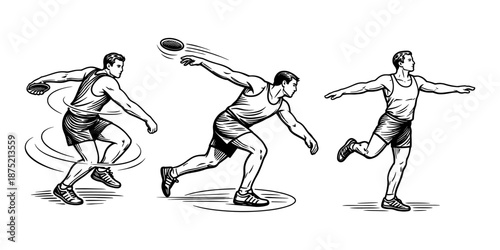 Sequence of a male athlete performing discus throw. Track and field event, athletic motion and sports training concept. Vector illustration.