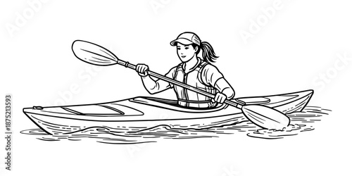 Illustration of a woman kayaking on calm water, paddling with focus and control. Outdoor recreation, water sport, and adventure concept. Vector illustration.