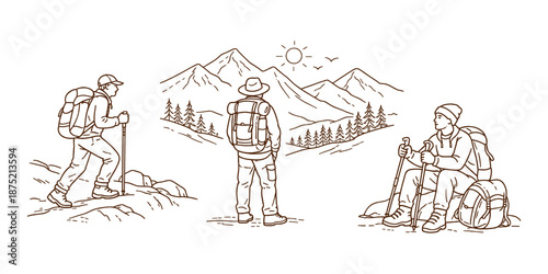 Illustration set of male hikers in various outdoor scenes: climbing a trail, resting, and admiring mountain views. Adventure, exploration, and nature travel concept. Vector illustration.