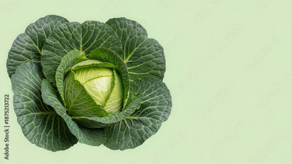 Fototapeta premium Fresh green cabbage with vibrant leaves and a smooth texture, showcasing natural beauty and healthy eating, perfect for culinary and agricultural themes with copy space