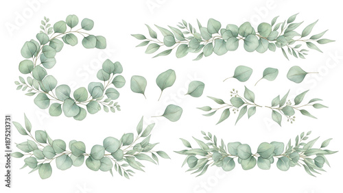 Eucalyptus leaves and greenery borders set.  Watercolor green leaves and branches. Clipart for invitations, greeting cards, save the date, stationery design. Hand drawn illustration.