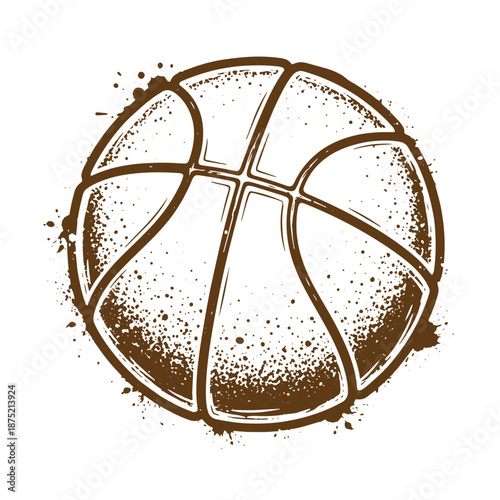 Drawing Vintage Brown basketball with splatter effect isolated on white background