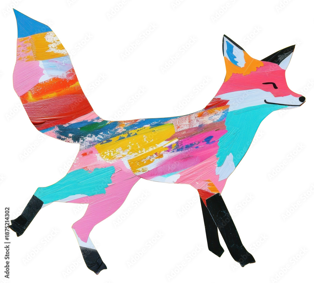 Fototapeta premium PNG Fox jumping paper cut illustration painting colorful.