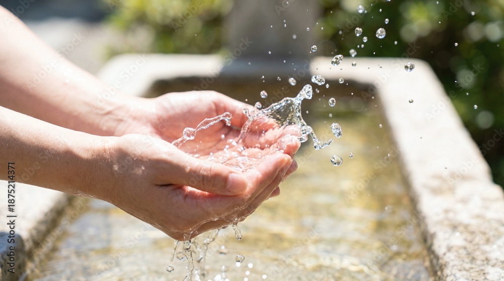 Fototapeta premium Close-up of human hands gently cupping and catching clean, fresh water as it splashes from a natural source, symbolizing purity, hydration, and natural refreshment outdoors