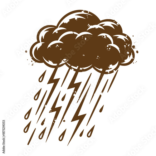 Drawing Vintage Brown cloud with rain and lightning storm weather symbol isolated on white background