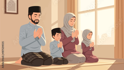 A serene flat design illustration depicting a Muslim family performing the Eid al-Fitr prayer together in their home, showcasing devotion and unity. This 2D vector art uses a limited color palette.