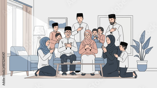 This flat design illustration captures a multi-generational Muslim family gathering for Eid al-Fitr, exchanging warm greetings and seeking forgiveness. 