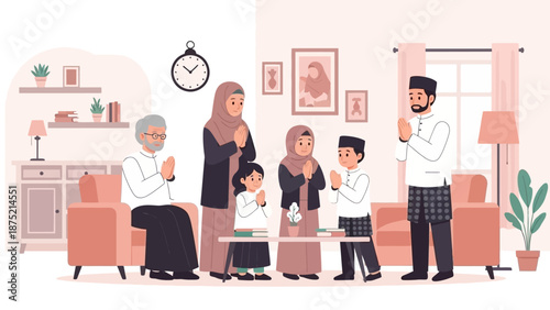 This flat design illustration captures a multi-generational Muslim family gathering for Eid al-Fitr, exchanging warm greetings and seeking forgiveness. 