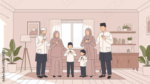 This flat design illustration captures a multi-generational Muslim family gathering for Eid al-Fitr, exchanging warm greetings and seeking forgiveness. 