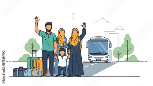 This flat design illustration depicts a Muslim family embarking on their 'mudik' journey, traveling back to their hometown for Eid al-Fitr celebrations. 