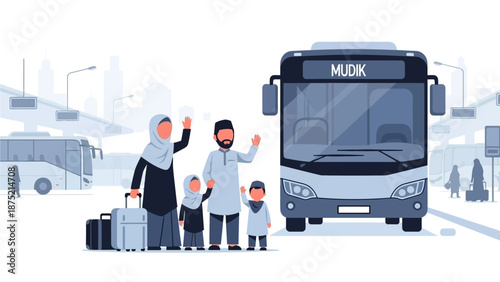 This flat design illustration depicts a Muslim family embarking on their 'mudik' journey, traveling back to their hometown for Eid al-Fitr celebrations. 