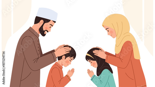 A heartwarming flat design illustration portrays Muslim parents lovingly blessing their children during Eid al-Fitr, symbolizing respect and familial bonds. 