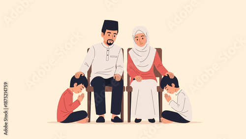 A heartwarming flat design illustration portrays Muslim parents lovingly blessing their children during Eid al-Fitr, symbolizing respect and familial bonds. 