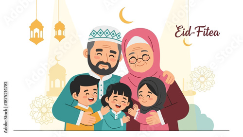 A heartwarming flat design illustration portrays Muslim grandparents lovingly embracing their excited grandchildren during Eid al-Fitr. 