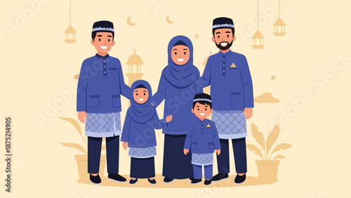 A vibrant flat design illustration captures a Muslim family posing for a cheerful group photo in their beautiful traditional Eid al-Fitr attire. This 2D vector art embodies joy and cultural elegance.