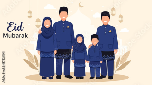 A vibrant flat design illustration captures a Muslim family posing for a cheerful group photo in their beautiful traditional Eid al-Fitr attire. This 2D vector art embodies joy and cultural elegance.