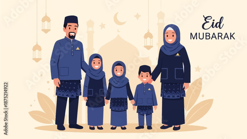A vibrant flat design illustration captures a Muslim family posing for a cheerful group photo in their beautiful traditional Eid al-Fitr attire. This 2D vector art embodies joy and cultural elegance.