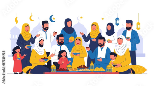 A cheerful flat design illustration depicts a diverse Muslim family group celebrating Eid al-Fitr together, emphasizing unity and inclusivity. This 2D vector art showcases a vibrant community spirit.