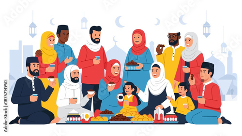 A cheerful flat design illustration depicts a diverse Muslim family group celebrating Eid al-Fitr together, emphasizing unity and inclusivity. This 2D vector art showcases a vibrant community spirit.