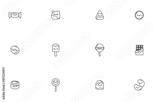 Kawaii sweets and candy line icon set, cute dessert characters and sugary snacks vector illustrations