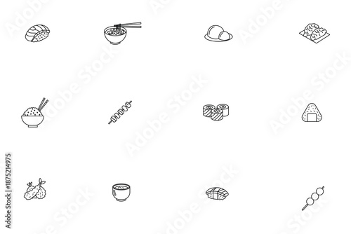 Japanese food and cuisine line icon set, sushi, ramen and traditional snacks vector illustrations