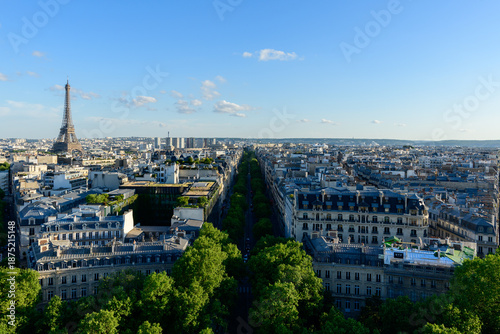 Wide elevated perspective of a grand Parisian boulevard bordered by lush green trees, classic Haussmann buildings, and the Eiffel Tower rising in the distance under a clear blue sky.