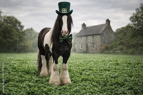 St Patrick's Day Irish cob horse in lucky clover field by old countryside stone cottage