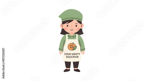 A cute cartoon illustration of a food safety educator wearing a green chef's hat and an apron with a pumpkin logo and text.
