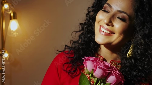 Beautiful Pakistani woman portrait celebrating Valentine's Day with happy expression, isolated studio close up, romantic light and love holiday concept.