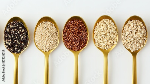Healthy Grains and Seeds on Golden Spoons