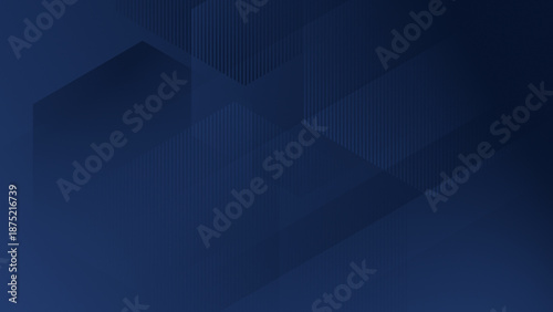 Dark navy blue abstract illustration with geometric architectural forms and soft diagonal layers. Clean minimal 3D background for corporate branding, finance, technology design and modern business 