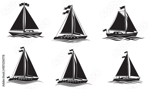 Collection of six black silhouette sailing yachts with flags on wavy water, representing freedom and adventure on the sea.