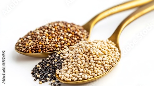 Healthy Grains and Seeds on Golden Spoons