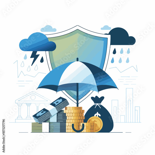 Financial Protection Illustration – Shield, Umbrella & Money Safety Concept