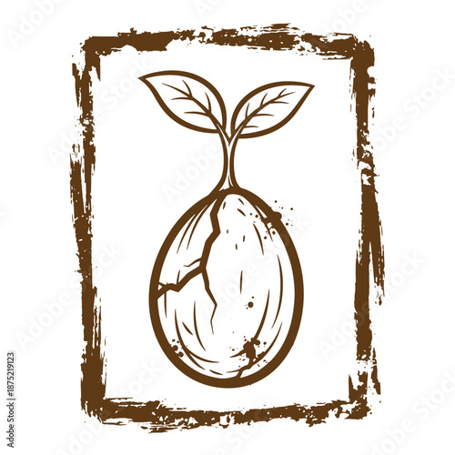 Drawing Vintage Brown sprouting seedling in a square frame  a plant growing with two leaves