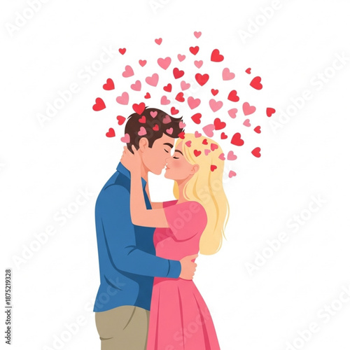 Couple kissing surrounded by floating hearts for valentine's day  