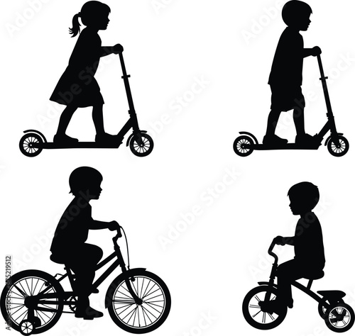 Silhouettes of young children riding kick scooters, a bicycle with training wheels, and a tricycle on a white background isolated.