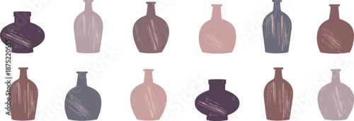 Abstract ceramic vase shapes illustration set, modern minimalist pottery silhouettes with textured brush strokes, pastel earthy colors, contemporary decorative vector art