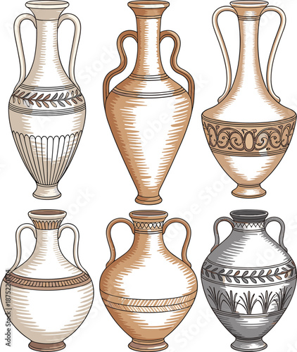 Ancient ceramic vases illustration collection, Greek and Roman pottery styles, vintage amphora jars, decorative historical art isolated background
