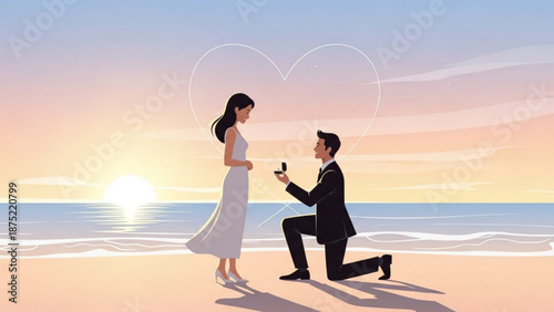 Man Proposing to Woman on Beach at Sunset, Kneeling with Ring
